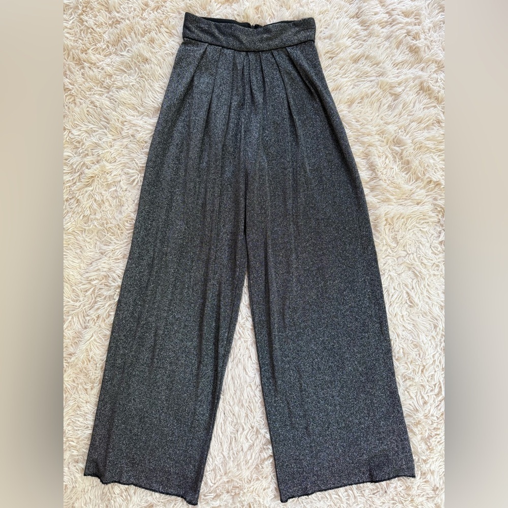 Carmen Marc Valvo SILK Black Glitter metallic Wide Leg Pants raw hem 6 high rise
